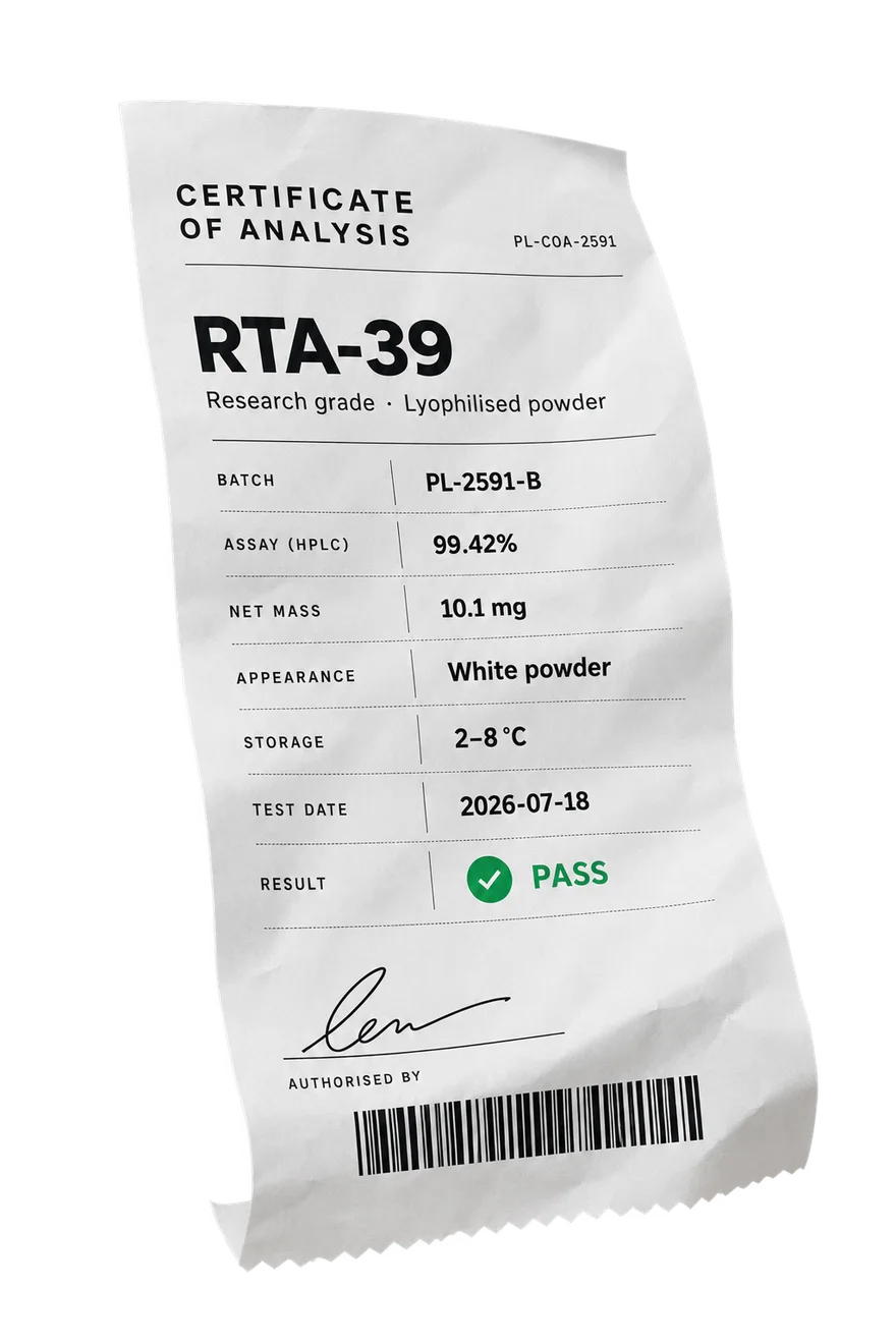 Certificate of analysis for RTA-39: batch PL-2591-B, HPLC assay 99.42 percent, result pass