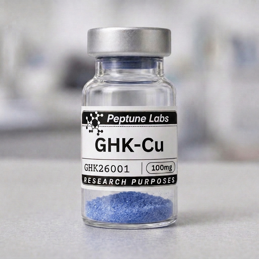 Research-grade GHK-Cu peptide vial on a white background
